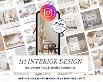Könnte beinhalten: Eine Collage aus 111 Instagram-Post- und Story-Vorlagen für Innenarchitektur. Die Vorlagen zeigen eine Vielzahl von Bildern, darunter Räume, Möbel und Dekorationen. Der Text "111 INTERIOR DESIGN" wird in großen, fetten Buchstaben am unteren Rand der Collage angezeigt. Der Text "Instagram Post & Stories Templates" wird unter dem Titel angezeigt. Der Text "LIFETIME ACCESS + FREE UPDATES + SURPRISE GIFT" wird am unteren Rand der Collage angezeigt.