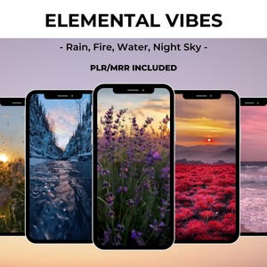 May include: Five phone screens displaying different nature scenes. The first screen shows a sunset over a field of grass. The second screen shows a river flowing through a snowy canyon. The third screen shows a field of purple flowers. The fourth screen shows a field of red flowers with a sunset in the background. The fifth screen shows a beach with waves crashing on the shore.