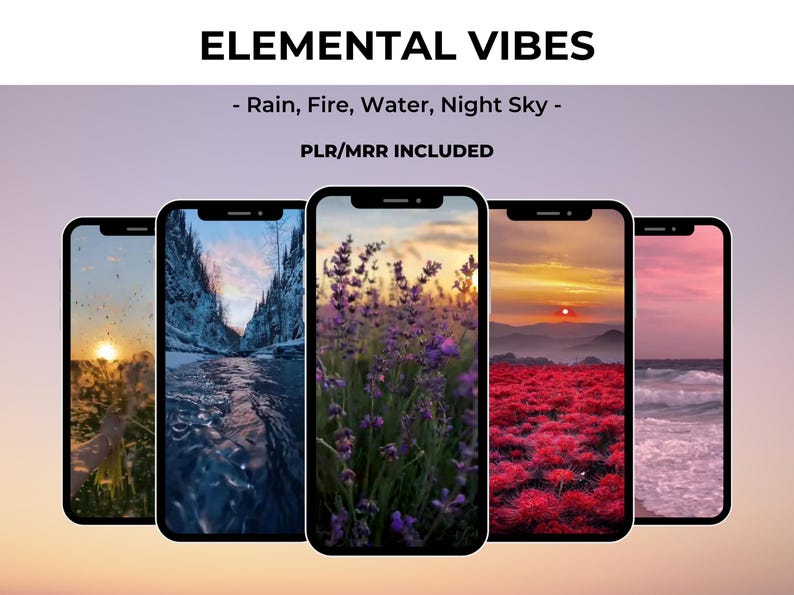 May include: Five phone screens displaying different nature scenes. The first screen shows a sunset over a field of grass. The second screen shows a river flowing through a snowy canyon. The third screen shows a field of purple flowers. The fourth screen shows a field of red flowers with a sunset in the background. The fifth screen shows a beach with waves crashing on the shore.