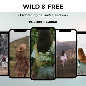 May include: Five different images of people in nature. The images are displayed on a smartphone screen. The images show people walking in a forest, a field, and by a waterfall. The text "WILD & FREE" is displayed at the top of the image. The text "Embracing nature's freedom" is displayed below the title. The text "PLR/MRR INCLUDED" is displayed below the subtitle.