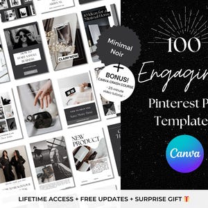 Può includere: Un set di 100 modelli di pin di Pinterest in bianco e nero con il testo "100 modelli di pin di Pinterest coinvolgenti" e "Canva" in un cerchio viola. I modelli sono progettati in uno stile minimalista con uno sfondo nero e testo bianco.