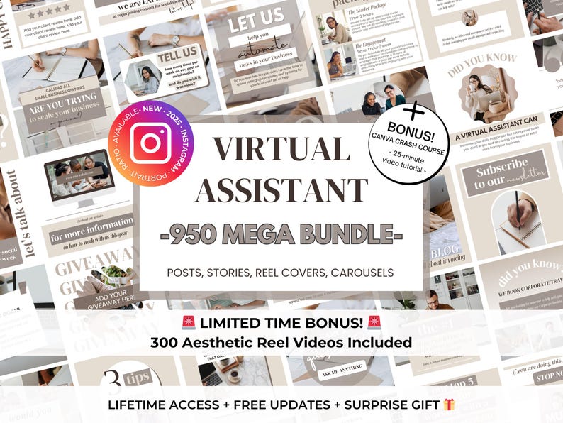 Op de afbeelding: Een collage van social media graphics voor een virtueel assistent-bedrijf. De graphics zijn in een beige en bruine kleurstelling met tekst die zegt "Virtual Assistant - 950 Mega Bundle - Posts, Stories, Reel Covers, Carousels".