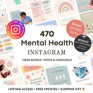 470 Mental Health Instagram Canva Templates -Psychotherapy -Wellness and Self Care Social Media Templates - Coaching Templates -Therapist IG