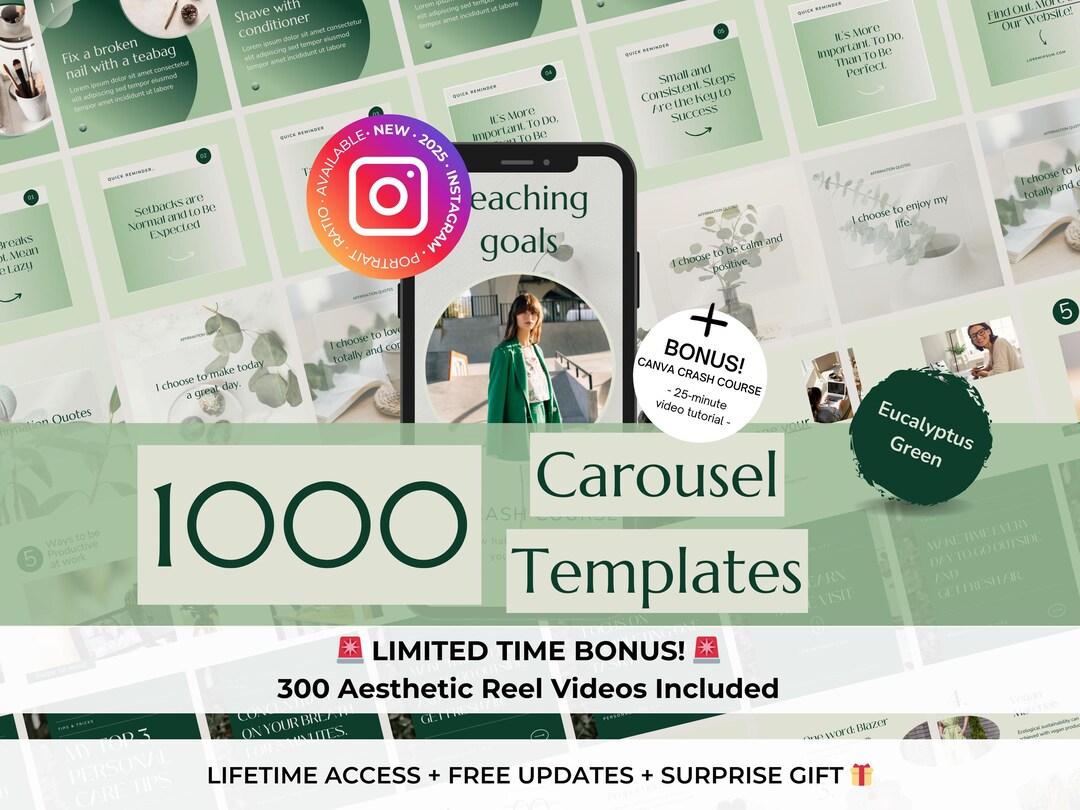 1000 Green Instagram Carousel Post Canva Templates BUNDLE - Green ...