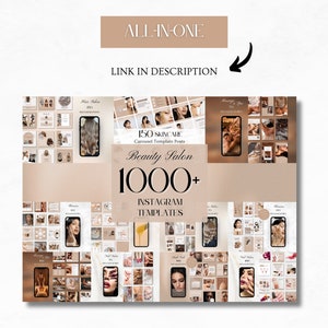 May include: A collage of images showcasing 1,000+ Instagram templates for beauty salons. The templates feature a variety of designs, including photos of models, products, and services. The text "150 Skincare Carousel Template Posts" and "Beauty Salon 1000+ Instagram Templates" is visible in the image.
