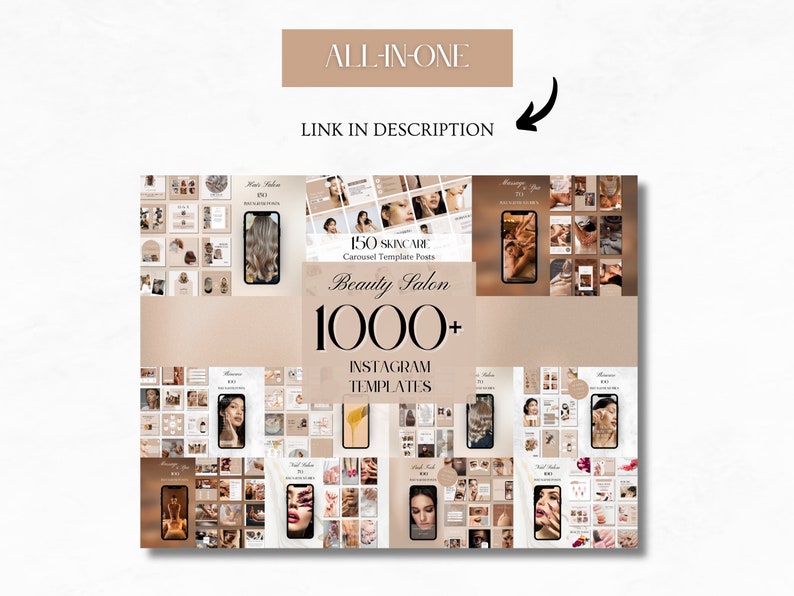 May include: A collage of images showcasing 1,000+ Instagram templates for beauty salons. The templates feature a variety of designs, including photos of models, products, and services. The text "150 Skincare Carousel Template Posts" and "Beauty Salon 1000+ Instagram Templates" is visible in the image.