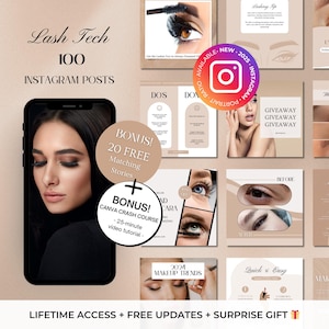 100 Lash Tech Instagram - Lash Extensions Canva Templates -Lashes Editable Instagram Templates -Lash Artist Template - Lash Lift Posts