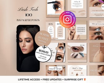 100 Lash Tech Instagram - Lash Extensions Canva Templates -Lashes Editable Instagram Templates -Lash Artist Template - Lash Lift Posts