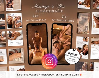 Peut inclure: Un collage d'images faisant la promotion d'un salon de massage et de spa. Les images présentent des personnes recevant des massages, des soins de spa et se relaxant dans un cadre de spa. Le texte sur les images comprend "Massage & Spa Ultimate Bundle", "100 Instagram Posts", "70 Instagram Stories", et "Bonus ! Canva Crash Course".