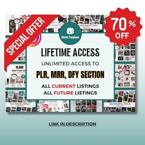 Puede incluir: Anuncio con fondo turquesa que promociona "ACCESO DE POR VIDA" a productos digitales. La imagen incluye texto como "PLR, MRR, DFY SECTION" y "TODAS LAS LISTAS ACTUALES, TODAS LAS LISTAS FUTURAS". Una pancarta roja dice "OFERTA ESPECIAL" y una estrella roja dice "70% DE DESCUENTO".