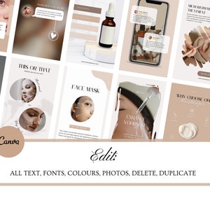 May include: A set of social media graphics for a beauty and skincare brand. The graphics feature images of skincare products, models with radiant skin, and text that promotes the brand's services. The text includes phrases like "Beauty & Care", "This or That", "Face Mask", "Enhance Yourself", "Microdermabrasion Treatment", "Why Choose Our Moisturiser?", and "More Skin, Real Results".