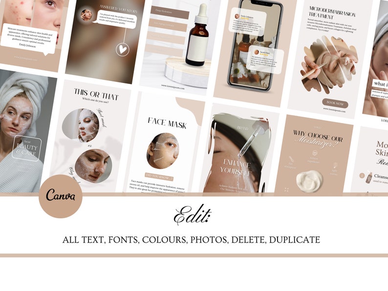 May include: A set of social media graphics for a beauty and skincare brand. The graphics feature images of skincare products, models with radiant skin, and text that promotes the brand's services. The text includes phrases like "Beauty & Care", "This or That", "Face Mask", "Enhance Yourself", "Microdermabrasion Treatment", "Why Choose Our Moisturiser?", and "More Skin, Real Results".