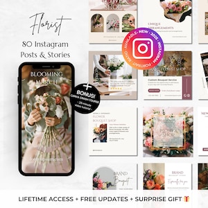 80 Florist, Flower Shop Instagram Canva Templates - Florist Social Media - Editable Floral Care Marketing - Flower Bouquet - Wedding Florist
