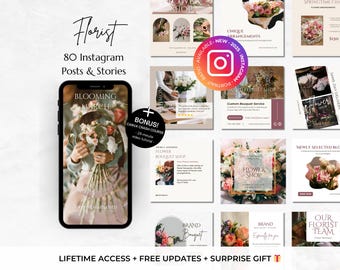 80 Florist, Flower Shop Instagram Canva Templates - Florist Social Media - Editable Floral Care Marketing - Flower Bouquet - Wedding Florist
