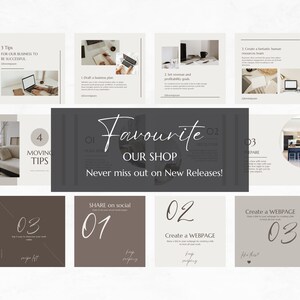 May include: A collage of nine images with tips for moving and starting a business. The images feature a laptop, a couch, and a kitchen. The text in the images includes "Moving Tips", "Favourite Our Shop", "Never miss out on New Releases!" and "Create a WEBPAGE".