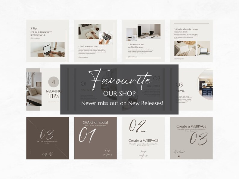 May include: A collage of nine images with tips for moving and starting a business. The images feature a laptop, a couch, and a kitchen. The text in the images includes "Moving Tips", "Favourite Our Shop", "Never miss out on New Releases!" and "Create a WEBPAGE".