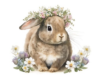 Hasen mit Blumenkränzen Clipart, Aquarell, kommerzielle Nutzung, digitaler Download, süße Hasen