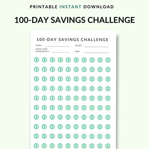 Puede incluir: Plantilla de seguimiento de ahorro de 100 días imprimible con una cuadrícula de 100 iconos de dólares verdes. El rastreador incluye espacios para escribir tu objetivo de ahorro, la fecha de inicio y la fecha de finalización.