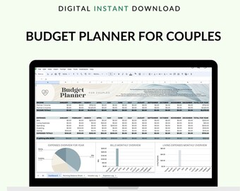 May include: A digital budget planner for couples in a Google Sheets spreadsheet. The spreadsheet includes sections for income, expenses, bills, and living expenses. The spreadsheet also includes a pie chart showing expenses overview for the year.