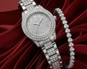Silver Crystal Watch & Bracelet for Women – Luxury Quartz Wristwatch, Elegant Gift for Her