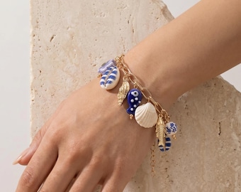 Boho Charm Bracelet, Beach Blue White Shell Bracelet, Ocean Inspired, Summer Gift for Her