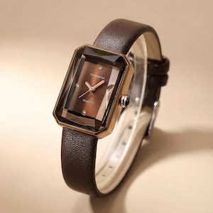 Brown Rectangular Women’s Watch – Minimalist Vintage Quartz Wristwatch, Elegant Gift for Her
