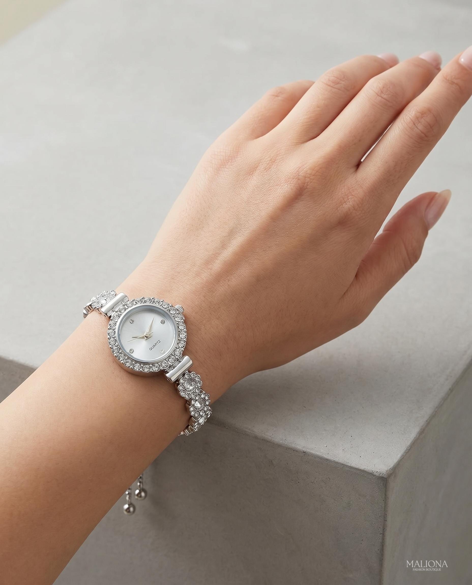 Luxury Crystal Bracelet Watch for Women, Silver Rhinestone 