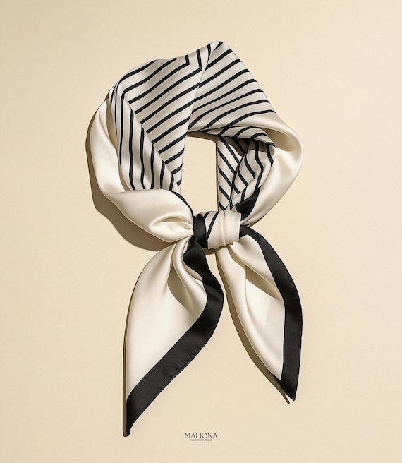 Black and White Striped Silky Scarf Mulberry Silk Black And White Striped Scarf,21 main image 2