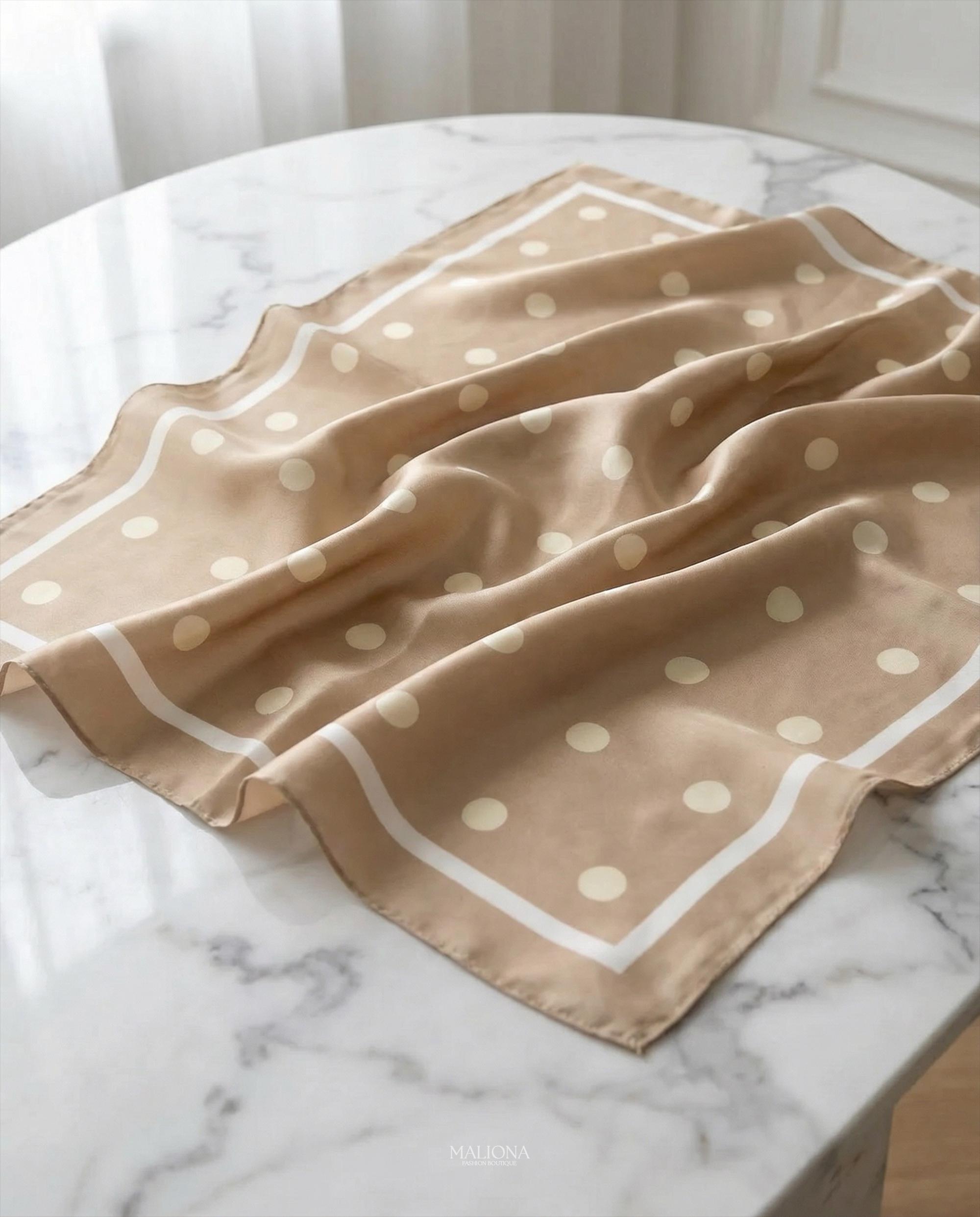 Beige Polka Dot Scarf, Classic Square Silk Feel Women Hair & Neck Scarf ...