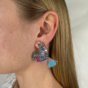 Cute Rhinestone Blue Hummingbird With Tassel Tail Stud Earrings