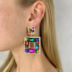 Boho Colorful Rhinestone Square Drop Earrings