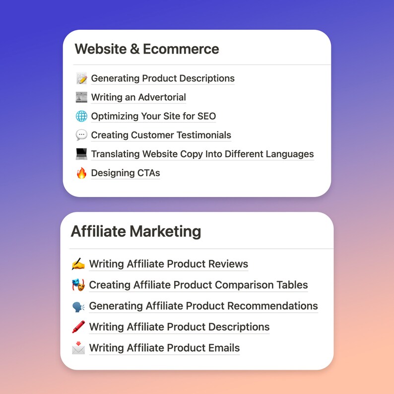 May include: A graphic with two lists of tasks related to website and e-commerce, and affiliate marketing. The first list includes tasks such as generating product descriptions, writing an advertorial, optimising your site for SEO, creating customer testimonials, translating website copy into different languages, and designing CTAs. The second list includes tasks such as writing affiliate product reviews, creating affiliate product comparison tables, generating affiliate product recommendations, writing affiliate product descriptions, and writing affiliate product emails.