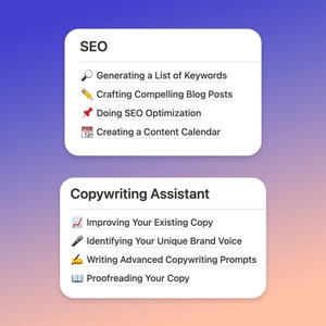 May include: A graphic illustration of two cards with a list of tasks for SEO and copywriting assistants. The SEO card has a magnifying glass, pencil, pushpin, and calendar icon. The copywriting assistant card has a checkmark, microphone, pencil, and book icon.