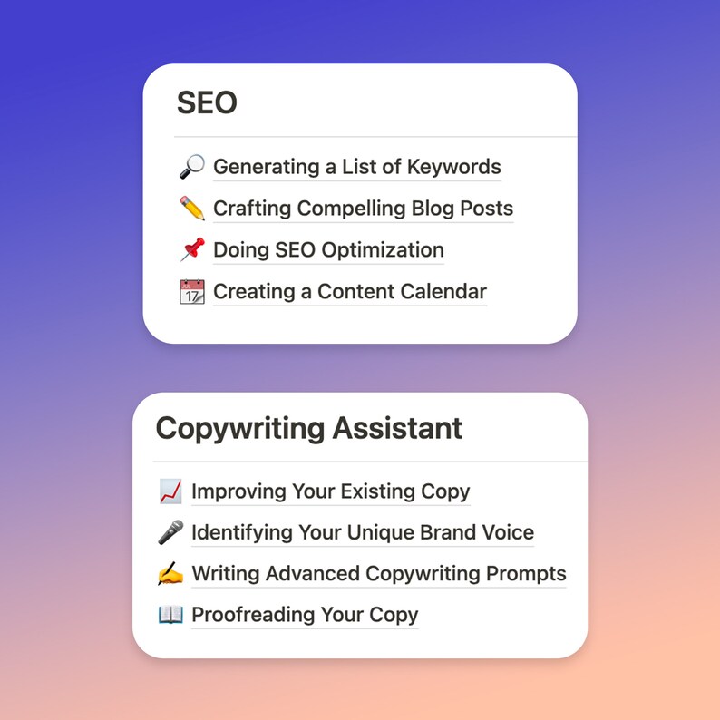 May include: A graphic illustration of two cards with a list of tasks for SEO and copywriting assistants. The SEO card has a magnifying glass, pencil, pushpin, and calendar icon. The copywriting assistant card has a checkmark, microphone, pencil, and book icon.