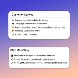 May include: A graphic with two sections, one titled "Customer Service" and the other titled "SMS Marketing". Each section lists several tasks related to the topic. The Customer Service section includes tasks such as "Developing a List of FAQs for Customers", "Managing Communication With Clients", "Responding to Comments From Potential Customers or Haters", "Increasing Customer Retention", and "Surveying Your Customers". The SMS Marketing section includes tasks such as "Writing SMS campaigns for promotions and sales", "Crafting SMS opt-in campaigns for lead generation", and "Creating SMS reminders and follow-up messages for customers".