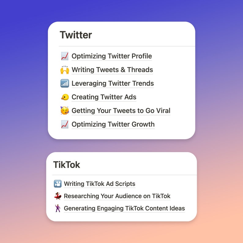 May include: A graphic with a list of tips for optimising your Twitter and TikTok accounts. The list includes topics such as writing tweets and threads, creating ads, and getting your tweets to go viral.