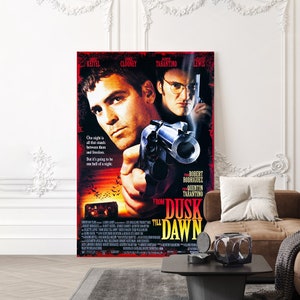 May include: Movie poster for the film "From Dusk Till Dawn" featuring actors George Clooney and Harvey Keitel. The poster has a red background with a sunset and bats flying in the sky. The text "From Dusk Till Dawn" is in white with a black outline. The film is directed by Robert Rodriguez and written by Quentin Tarantino.