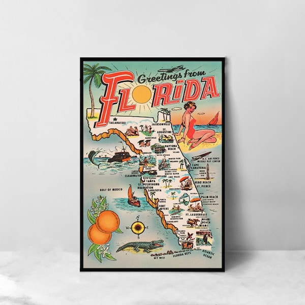 Florida Tourism Tourist Map Vintage Travel Poster - High Quality Canvas Art Print - Room Decoration - Art Poster For Gift