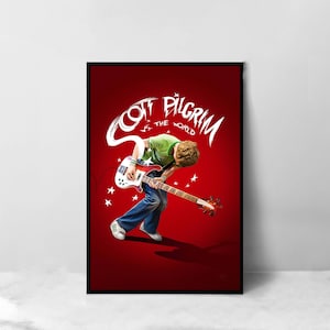 May include: A red poster with white text that reads "Scott Pilgrim vs. the World". A young man in a green shirt and blue jeans plays a bass guitar. The poster has a white star design.