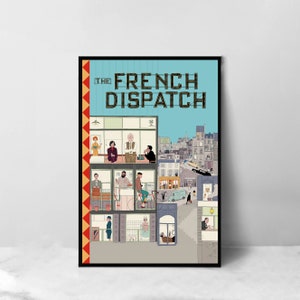 Puede incluir: Un póster para la película "The French Dispatch" con una ilustración azul y blanca de un edificio con múltiples ventanas. Las ventanas muestran diferentes personajes de la película, incluyendo a Bill Murray, Frances McDormand y Tilda Swinton. El título de la película está en texto negro en la parte superior del póster.