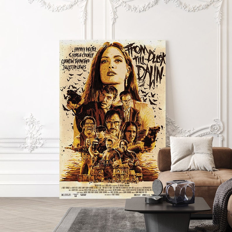 May include: A vintage-style poster for the movie "From Dusk Till Dawn" featuring a group of characters, including Harvey Keitel, George Clooney, Quentin Tarantino, and Juliette Lewis. The poster has a yellowed, aged look and features a dark, gritty aesthetic.