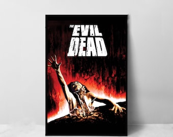 May include: A black and white movie poster for the horror film "The Evil Dead". The poster features a woman with a terrified expression reaching out from a dark, red-tinged background.