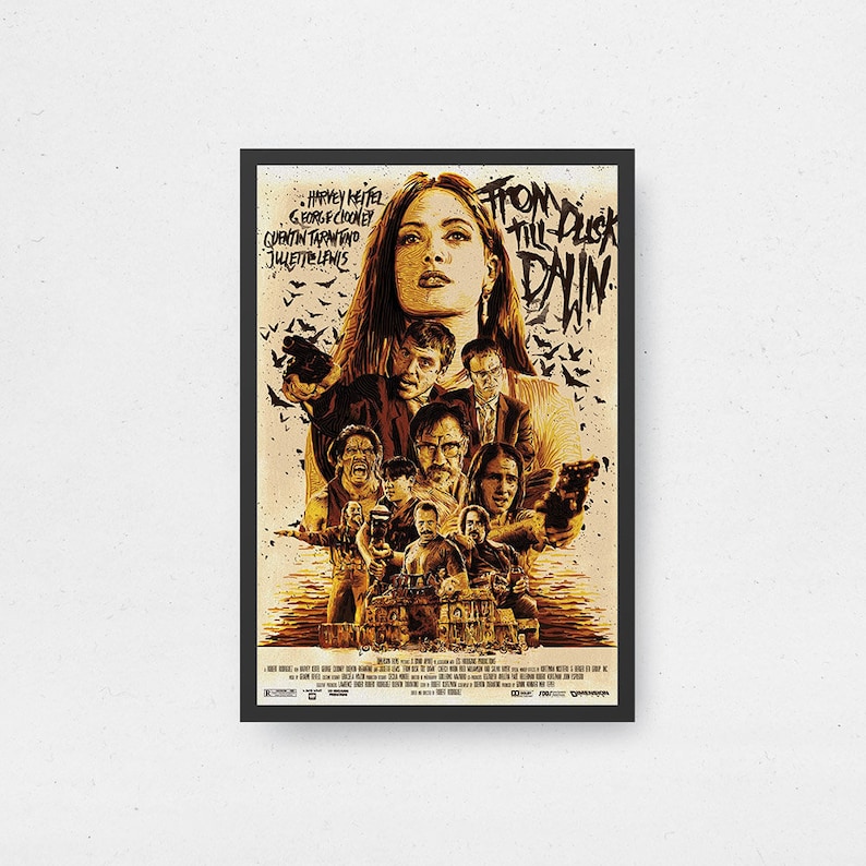May include: A vintage movie poster for the film "From Dusk Till Dawn" featuring a group of characters, including Harvey Keitel, George Clooney, Quentin Tarantino, and Juliette Lewis. The poster is in a black frame and has a yellowed, distressed look.