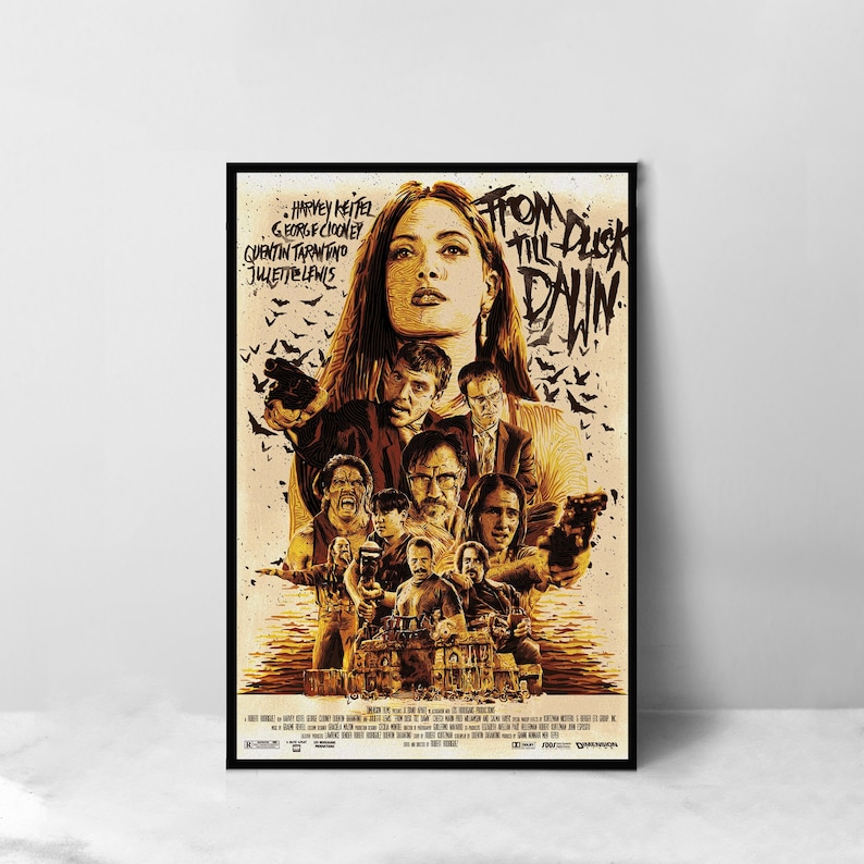 May include: A vintage-style movie poster for the film "From Dusk Till Dawn" featuring a collage of characters from the film. The poster is in shades of brown and yellow with a black frame. The title of the film is written in a bold, stylized font.