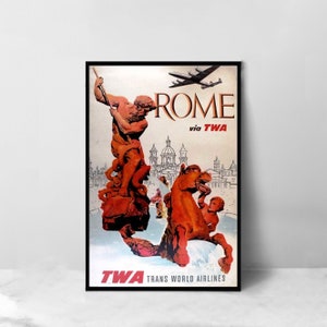 Rome Italy Via TWA Vintage Airline Airlines Travel Vintage Travel Poster - High Quality Canvas Art Print - Room Decoration