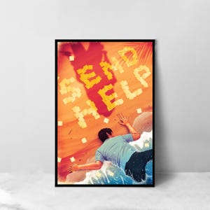 May include: A framed art print depicts a person lying on a beach, with the words "SEND HELP" spelled out in yellow sticky notes above. The scene is rendered in warm tones, with a shadow of a figure looming over the person.