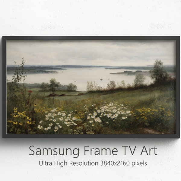 Samsung Frame TV Art, Vintage Landscape, Digital Download Painting, Abstract Oil Painting, The Frame, Lake, Field, Vintage TV Art