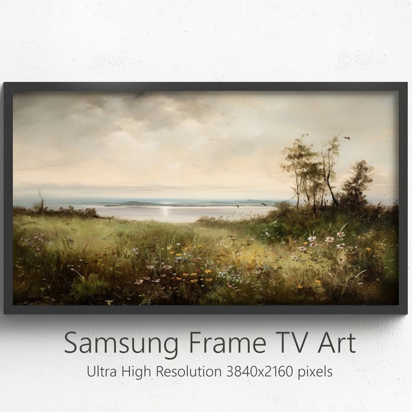 Samsung Frame TV Art, Vintage Landscape, Digital Download Painting, Abstract Oil Painting, The Frame, Lake, Field, Vintage TV Art