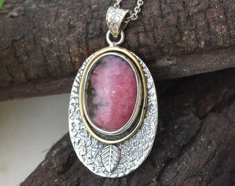 Natural Rhodonite Pendant Necklace 925 Sterling Silver | Handmade Oval Pink Rhodonite Jewelry | Healing Crystal Stone Necklace Gift