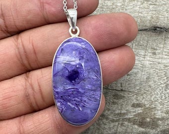 Siberian Charoite 925 Sterling Silver Pendant Necklace, Handmade Jewelry